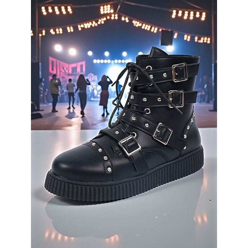 Women's Black Faux Leather Punk Biker Boots with Buckles & Studs, Gothic Lace-Up Platform Ankle Booties for Concerts, Parties & Streetwear Fashion