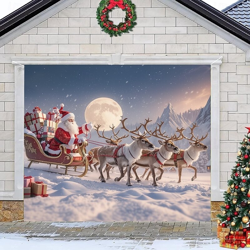 Christmas Garage Door Cover Santa Claus with Reindeer Skiing under Moonlight Large Hanging Backdrop Outdoor Holiday Wall Banner Yard Home Festive Seasonal Christmas Decoration2