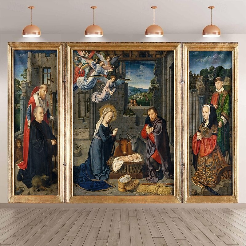Christmas Hanging Tapestry Nativity Triptych European Classical Art Style Jesus Birth Large Wall Art Mural Decor Blanket Curtain Holiday Home Bedroom Living Room Religious Celebration Decoration