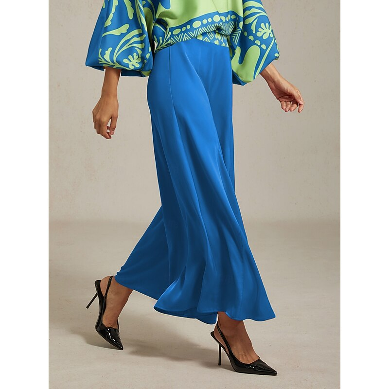 Women's Wide Leg Pants Blue Satin Elastic Waist Pleated Loose Elegant Fit Spring Summer Autumn2