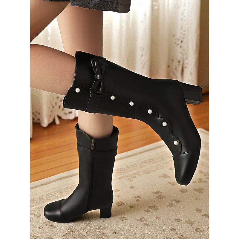 Women's Black Faux Leather Mid-Calf Boots with Pearl Button and Bow Detail - 1920s Vintage Retro Block Heel Dress Boots for Parties,Cosplay & Evening Wear4