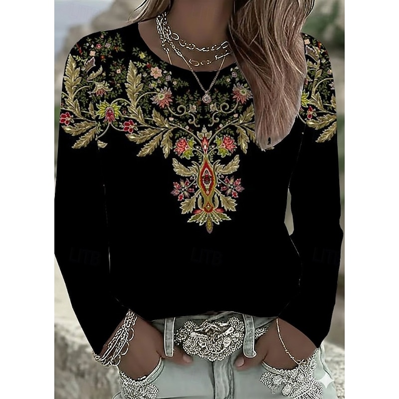 Women's T Shirt Floral Graphic Paisley Vintage Stylish Classic Long Sleeve Crew Neck Regular Tops Daily Print Black Spring Fall Winter