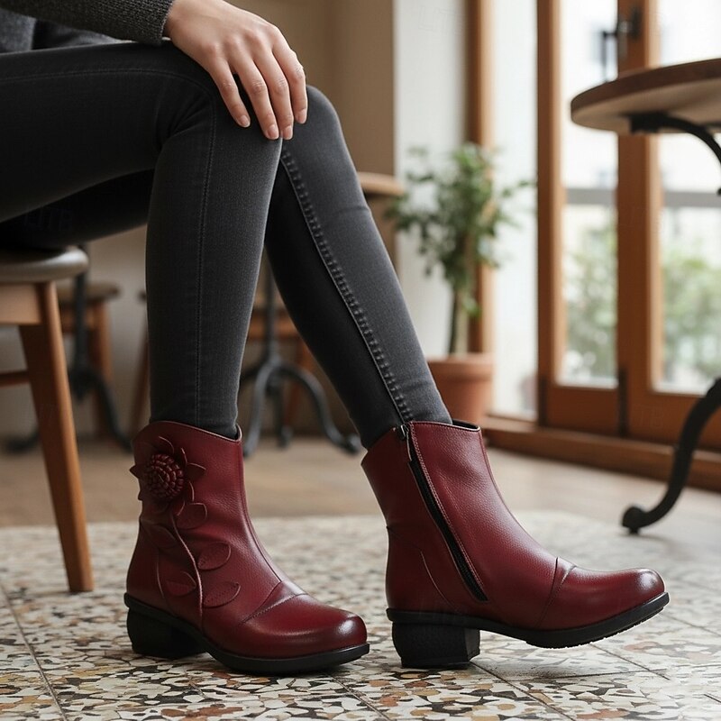 Women's Red Leather Ankle Boots with Floral Appliqué – Vintage Mid-Heel Short Boots for Casual and Dressy Outfits2