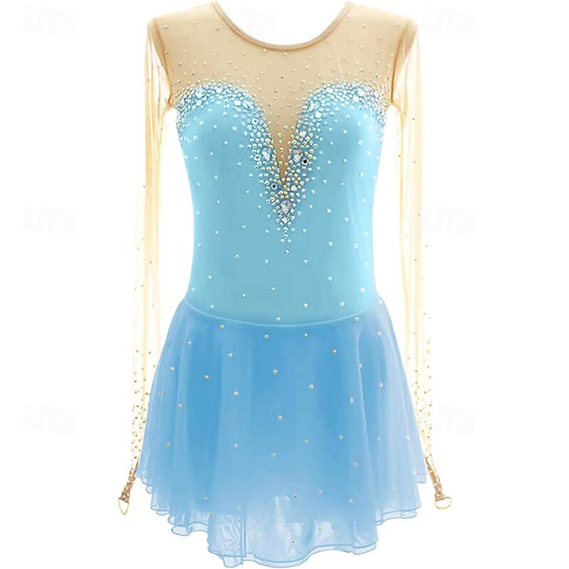 Figure Skating Dress Women's Girls' Ice Skating Dress Blue White High Elasticity Training Competition Skating Wear Classic Crystal / Rhinestone Long Sleeve Ice Skating Figure Skating