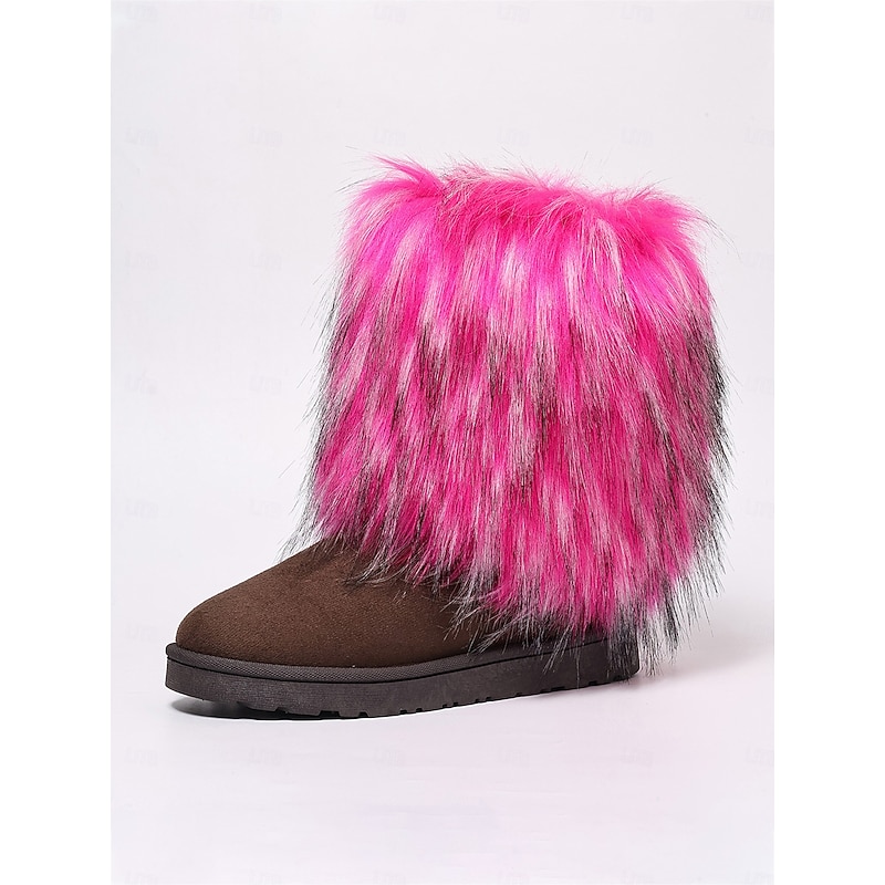 Women's Brown Suede Boots with Fluffy Rose Pink Faux Fur Trim, Cozy Mid-Calf Winter Shoes, Stylish Party & Streetwear Footwear for Fashion-Forward Women4