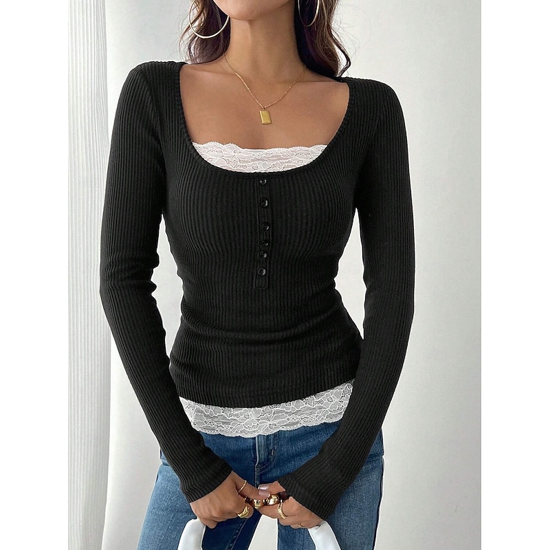 Women's Blouse Solid Color Stylish Casual Long Sleeve Square Neck Regular Tops Daily Patchwork Black Wine Army Green Blue Brown Spring Fall Winter2