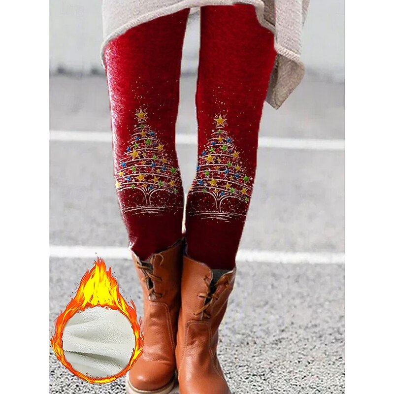 Christmas Women's Leggings Cozy Leggings Vacation Vintage Fashion Full Length High Waist Pants Graphic Snowflake Printing Fleece Thermal Warm Comfy Stretchy Outdoor Casual Daily Winter claret2