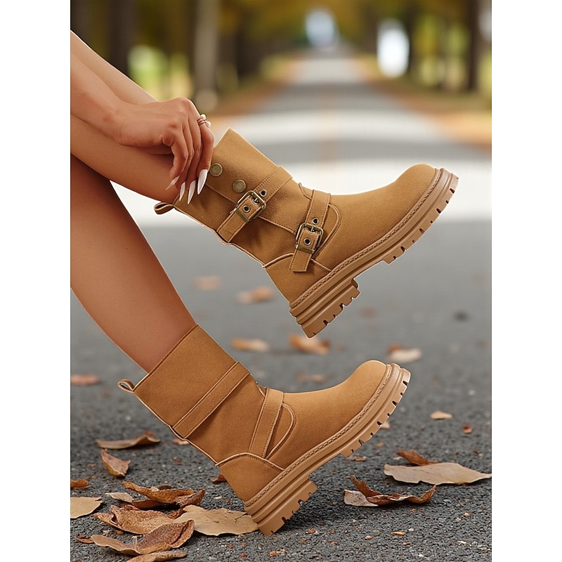 Women's Camel Mid-Calf Boots with Double Buckle Straps and Chunky Lug Sole, Comfortable Outdoor Riding Boots for Fall Winter Casual Wear