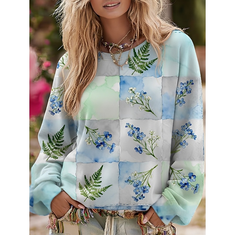 Women's Pullover Sweatshirts Floral Plaid Fashion Streetwear Casual Long Sleeve Crew Neck Regular Tops Dailywear Casual Print Green Spring Fall