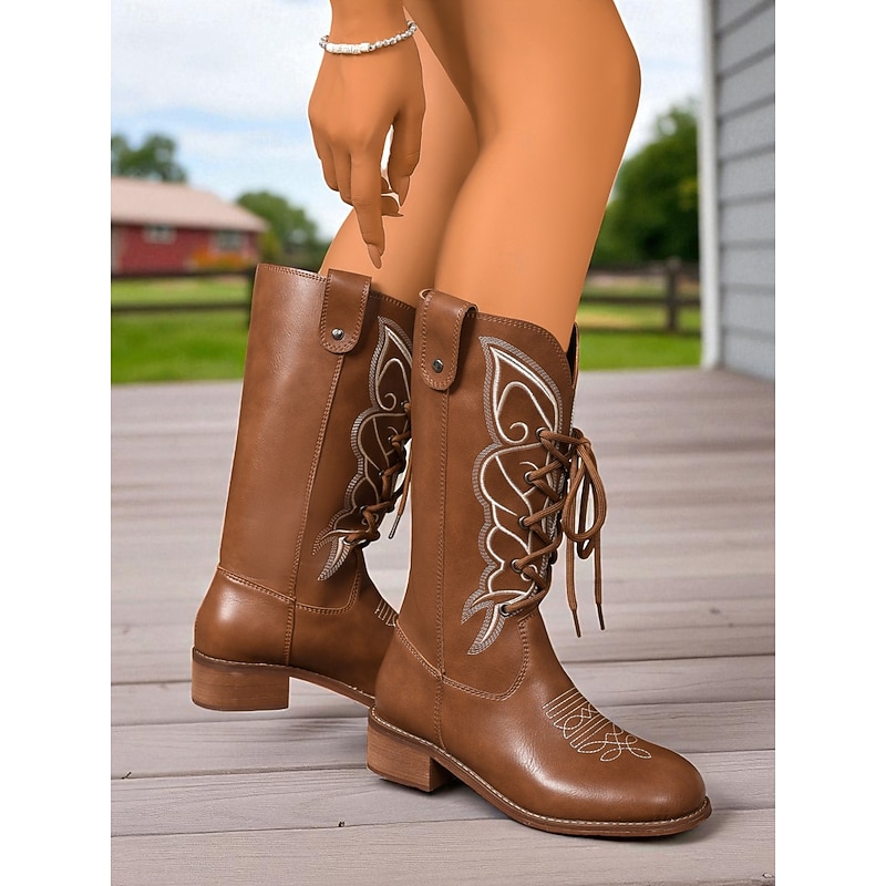 Women's Dark Brown Faux Leather Cowboy Boots with Embroidered Western Pattern, Stylish Mid Calf Boots for Casual Outfits & Country Concerts4