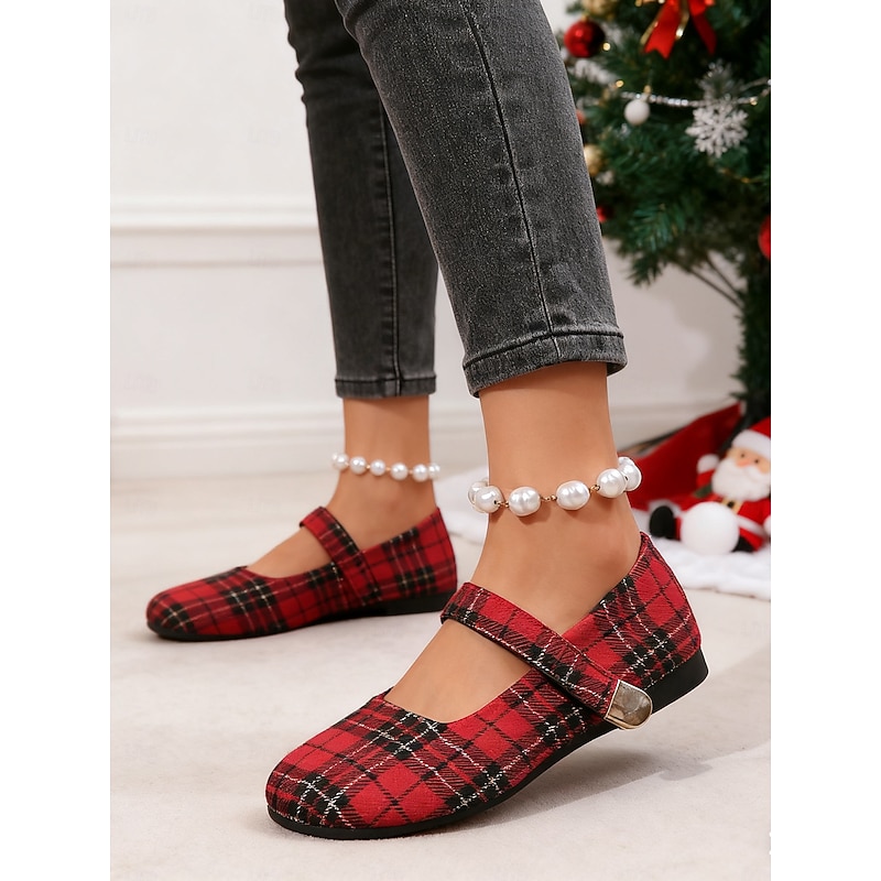 Women's Red Plaid Mary Jane Flats with Adjustable Strap, Retro Comfortable Shoes for Christmas, Casual Outfits & Daily Wear4