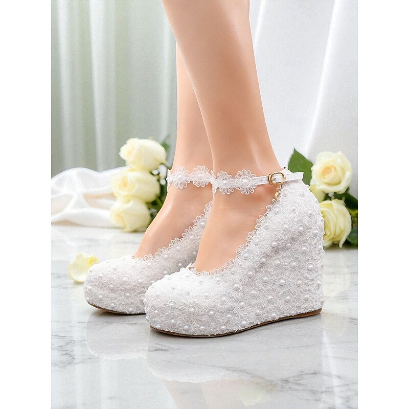 Women's White Pearl Lace Wedge Heels - Elegant Ankle Strap Platform Pumps for Weddings and Formal Occasions4