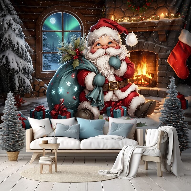 Christmas Hanging Tapestry Santa Claus with Christmas Tree Fireplace and Aurora Borealis Large Wall Art Mural Decor Blanket Curtain Holiday Home Bedroom Living Room Festive Seasonal Decoration