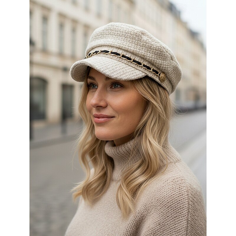 Women's Woven Tweed Baker Boy Hat with Chain Detail – Vintage Newsboy Style Cap for Autumn Winter Casual Outfits and Streetwear4