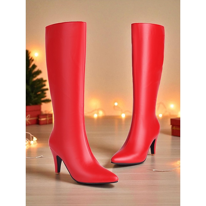 Women's Red Knee High Stiletto Heel Boots - Faux Leather Pointed Toe Party Footwear for Nightlife & Christmas Holiday Celebrations3