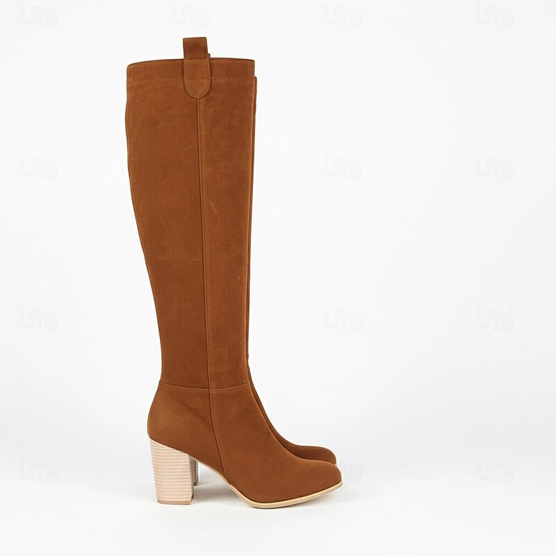 Women's Suede Knee-High Block Heel Boots in Gray, Black, and Brown - Stylish and Versatile Footwear for Fall and Winter3