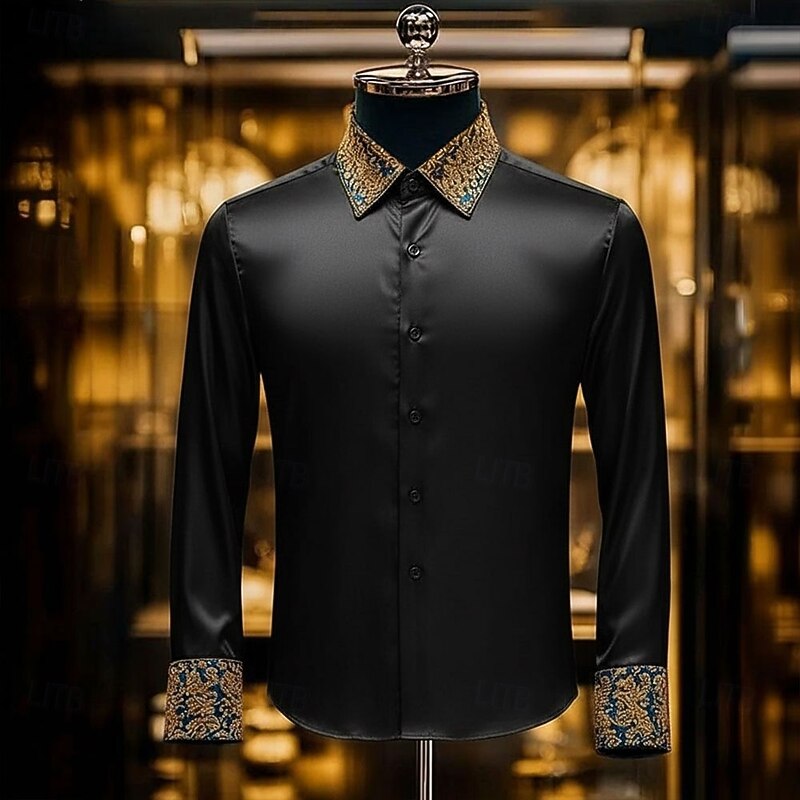 Men's Floral Print Ethnic Shirt Satin Shirt Dress Shirt Long Sleeve Vintage Retro Vacation Dailywear Summer Spring Fall Turndown 3D Print Button Up Shirts Black Burgundy Blue3