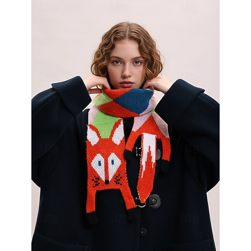 Women's Knitted Fox Scarf, Cute Animal Winter Neck Warmer, Soft Colorful Cartoon Shawl for Casual Wear, Outdoor & Holiday Gifts