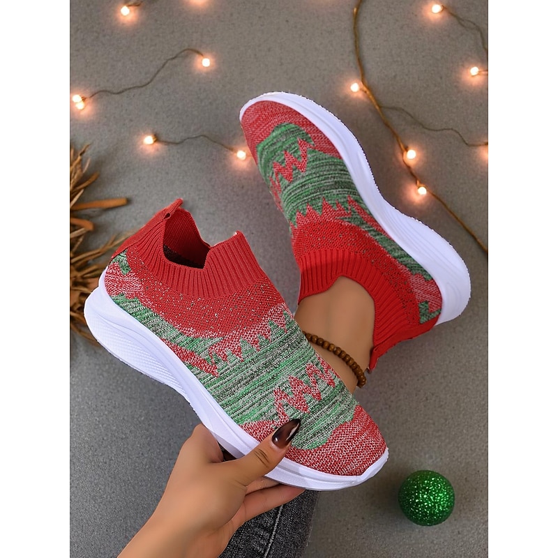 Women's Red & Green Knit Sneakers – Lightweight Breathable Slip-On Running Shoes for Sports, Walking, Christmas Parties and Casual Outfits