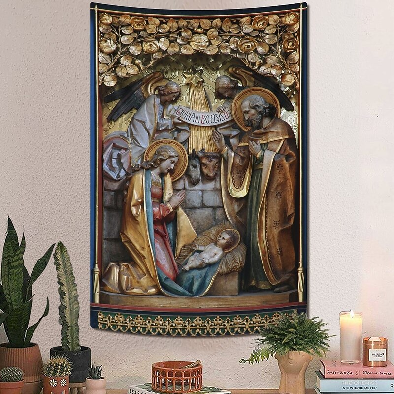 Christmas Hanging Tapestry Nativity Scene with Angel Messenger Sculpture Style Jesus Birth Large Wall Art Mural Decor Blanket Curtain Holiday Home Bedroom Living Room Religious Celebration Decoration3