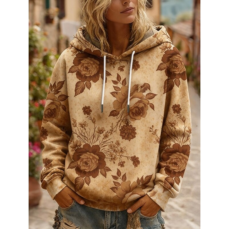 Women's Pullover Hoodies Floral Vintage Casual Long Sleeve Hooded Regular Tops Dailywear Casual Drawstring Print Khaki Spring Fall