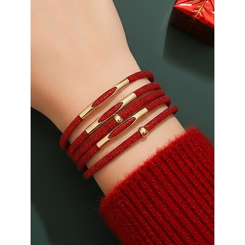 Women's Christmas Red Multi-Layer Bracelet with Gold Magnetic Clasp, Sparkly Glitter Cuff Jewelry for Holiday Parties & Festive Outfits
