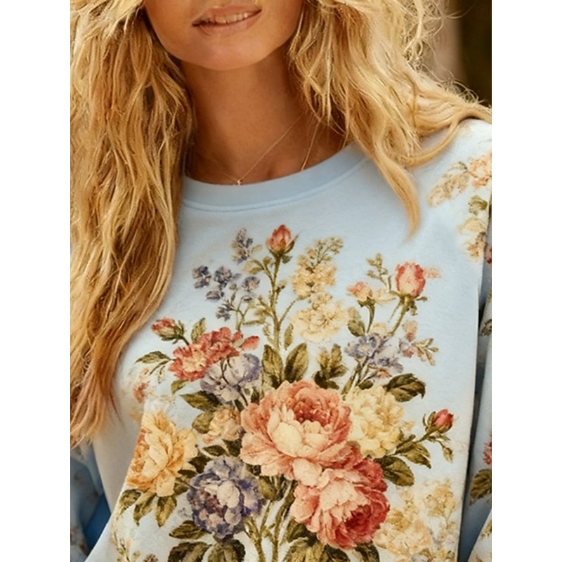 Women's Pullover Sweatshirts Floral Fashion Streetwear Classic Long Sleeve Crew Neck Round Neck Regular Tops Dailywear Casual Print Blue Spring Fall2
