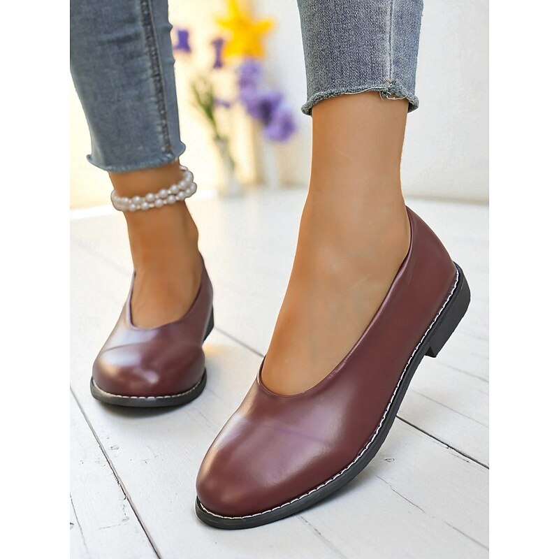 Women's Burgundy Faux Leather Round Toe Flats with Low Heel, Comfortable Casual Dress Shoes for Work, Office & Everyday Wear2