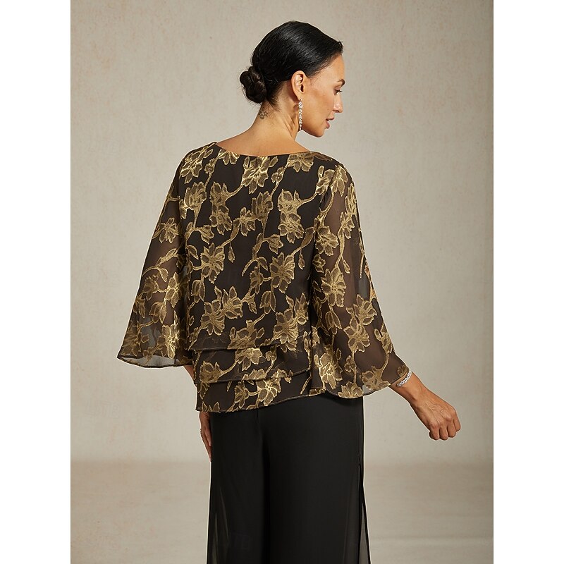 Women's Blouse Chiffon Tops Floral Elegant Stylish Casual Crew Neck Regular Tops Wedding Guest Date Night Outfits Cocktail Attire Lace Gold Spring Fall Winter2