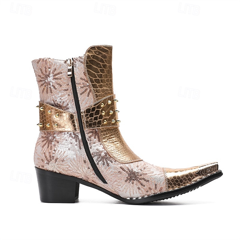 Men's Gold Genuine Leather Crocodile Pattern Cowboy Boots with Metal Studs and Side Zipper, 100% Cowhide Western Boots for Parties, Shows and Concerts4