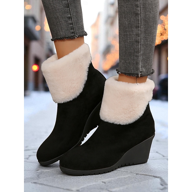 Women's Black Suede Wedge Ankle Boots with Faux Fur Lining - Winter Warm Non-Slip Casual Snow Boots for Outdoor and Daily Wear
