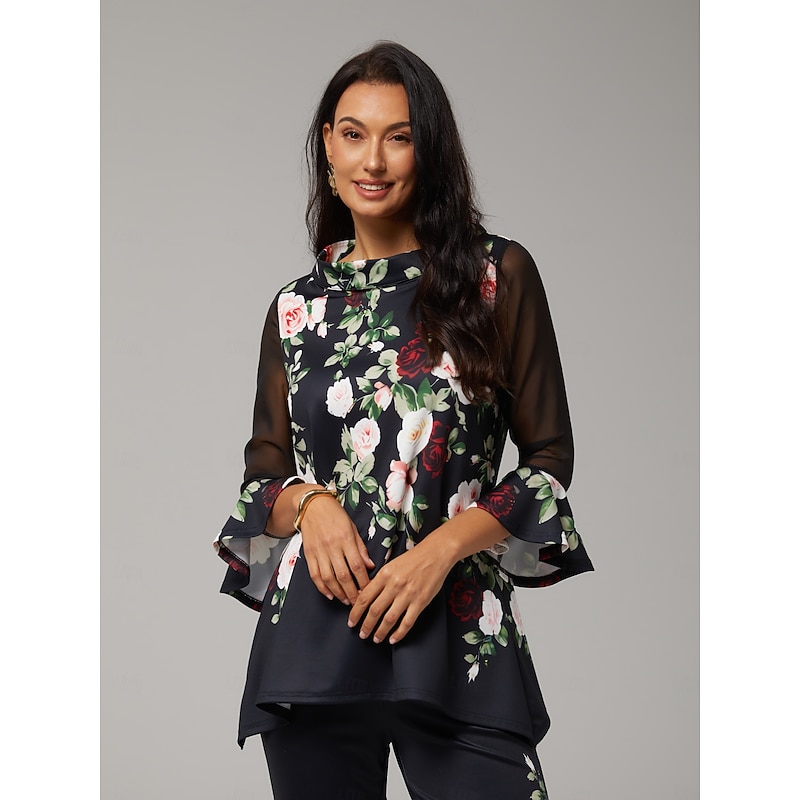 Women's Blouse Black Floral Print Stretch Chiffon Sleeves Bateau Neckline Casual Comfortable Spring Summer Fall Vacation 2026 - €14.71