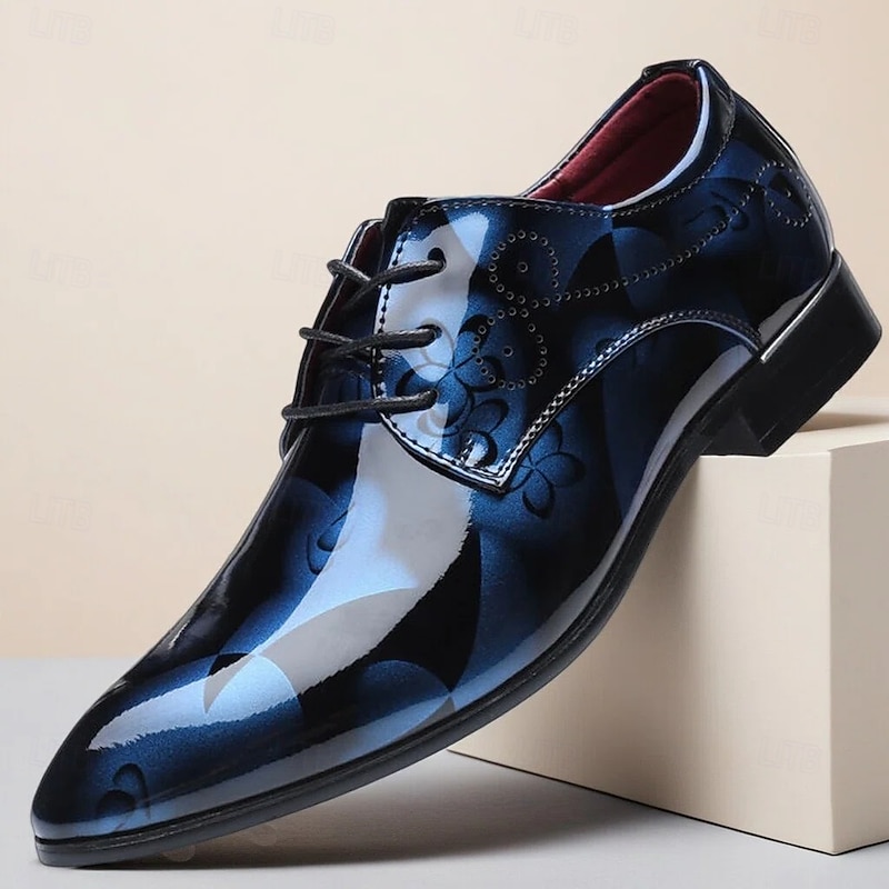 Men's Blue Patent Leather Lace-up Shoes with Snakeskin Pattern - Luxury Footwear for Upscale Events and Parties 2026 - €32.99