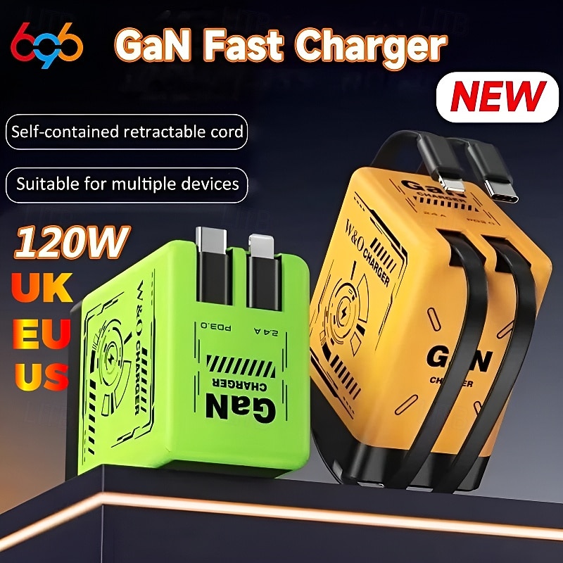 Portable Gan fast charger 120W USB-C and Lightning cable suitable for iPhone 15/16/17 Samsung gaming and travel compact design dedicated for European