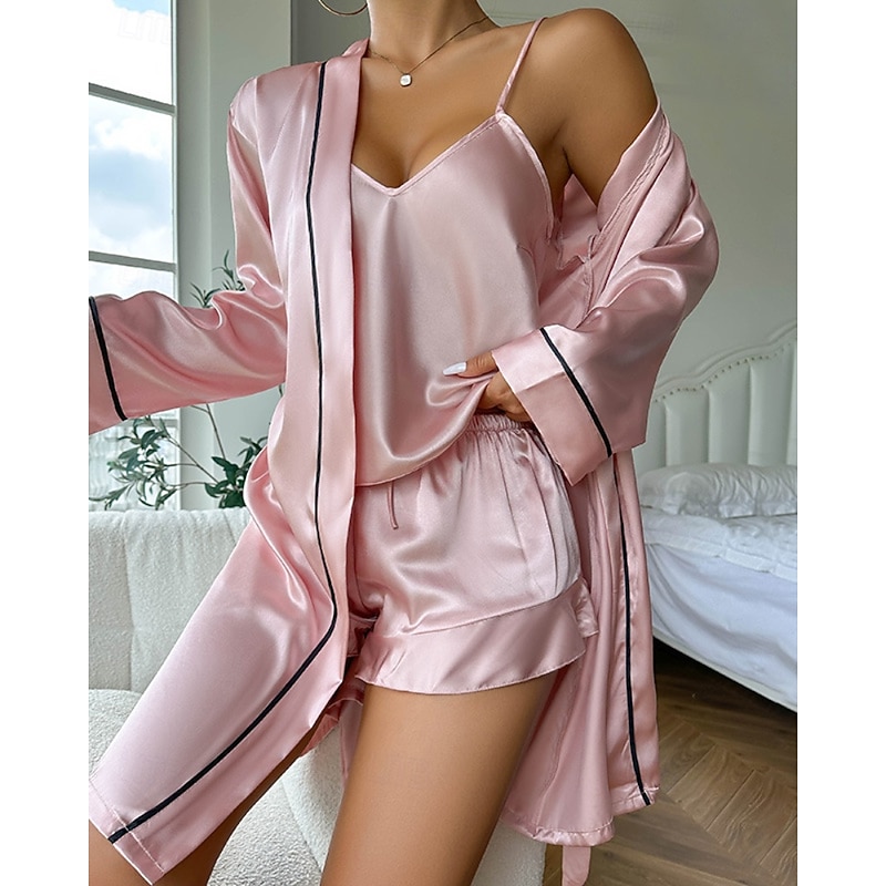 Women's Pajamas Nightgown Pajama Set Casual Soft Satin Pure Color Drawstring Shorts Daily Home Bed Long Sleeve Straps Black Champagne Pink Red Summer