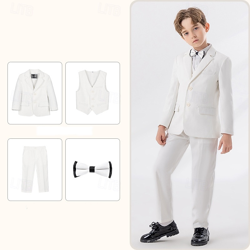4 Pieces Ring Bearer Suit Boys' Kids Suit Blazer & Vest & Pants & Tie Boy's Formal Suit Casual Outdoor Party Fashion Cool Basic Solid Color Pocket But