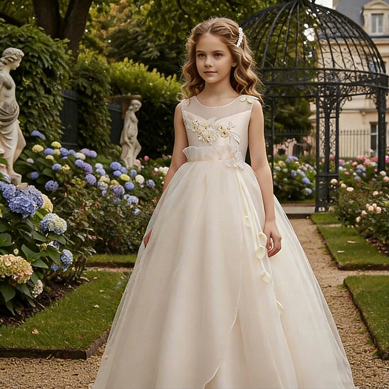 Flower Girl Dress Girls' Formal Dress Wedding Attire Party Wedding Formal Elegant Fashion Sweet First Communion Dress Lace Mesh Floral Sleeveless Crew