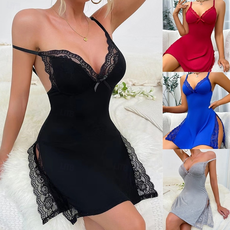 Women's Nightgown Sexy Casual Comfort Pure Color Lace Daily Home Sleeveless V Neck Blue Black Pink Gray Summer Spring Slim Fit 2026 - €13.99