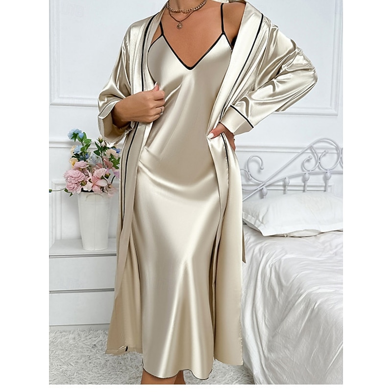 Women's Robe Nightgown Pajama Set Casual Comfort Pure Color Elastic Waist Daily Home Long Sleeve Straps Pink Khaki Summer Spring Regular Fit 2026 - €3