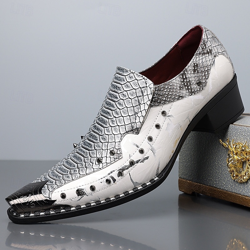 Men's Faux Leather Wedding Shoes – White Crocodile Print with Spiked Design, Fashion-Forward Formal Shoes for Weddings and Luxury Events 2026 - €69.99