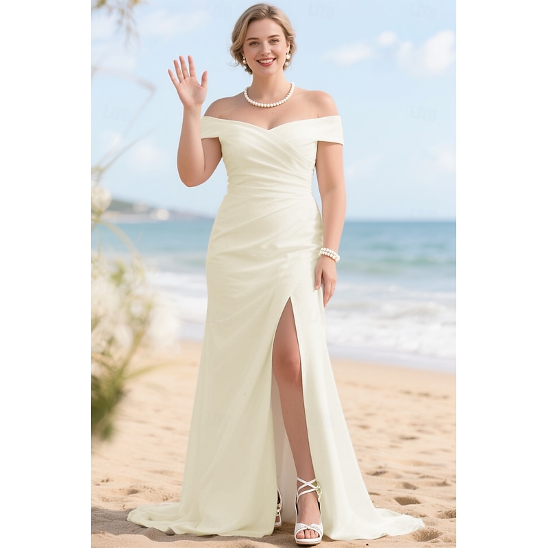 Wedding Dresses A-Line Off Shoulder Short Sleeve Sweep Brush Train Stretch Fabric Bridal Gowns With Ruched Solid Color 2026 - €181.99