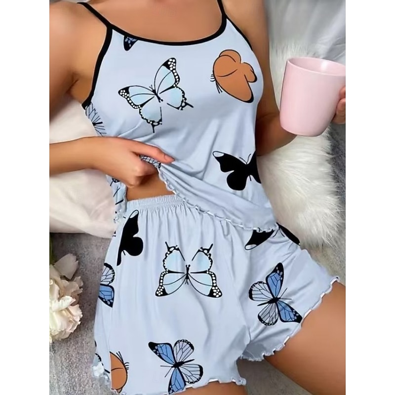Women's Pajama Set Casual Comfort Butterfly Elastic Waist Shorts Daily Home Sleeveless Crew Neck Blue Pink Beige Summer Spring Regular Fit 2026 - €4.5