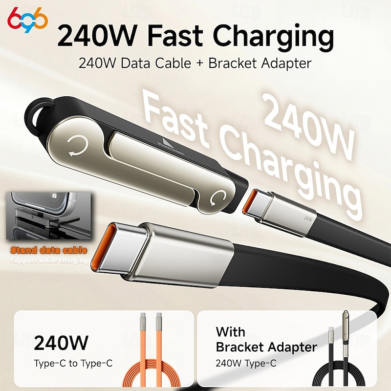 240W High-Power Type-C Charging Cable with Bracket Stand, 2-in-1 Design for Charging & Hands-Free Viewing, 480Mbps Fast Transfer, Liquid Silicone Mate