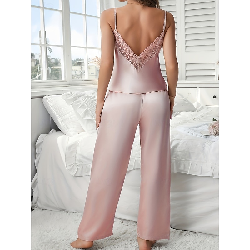 Women's Pajamas Pajama Set Simple Casual Pure Color Lace Elastic Waist Pant Daily Home Vacation Sleeveless Straps Black Pink Red Beige Summer Spring R