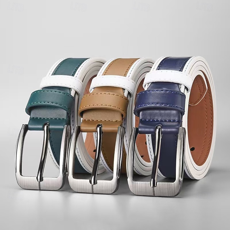 Men's Belt Pin Buckle Automatic Buckle Chrome PU Streetwear Contemporary Casual Leisure Color Block Navy Blue Brown Daily Business Formal Waist Belt 2