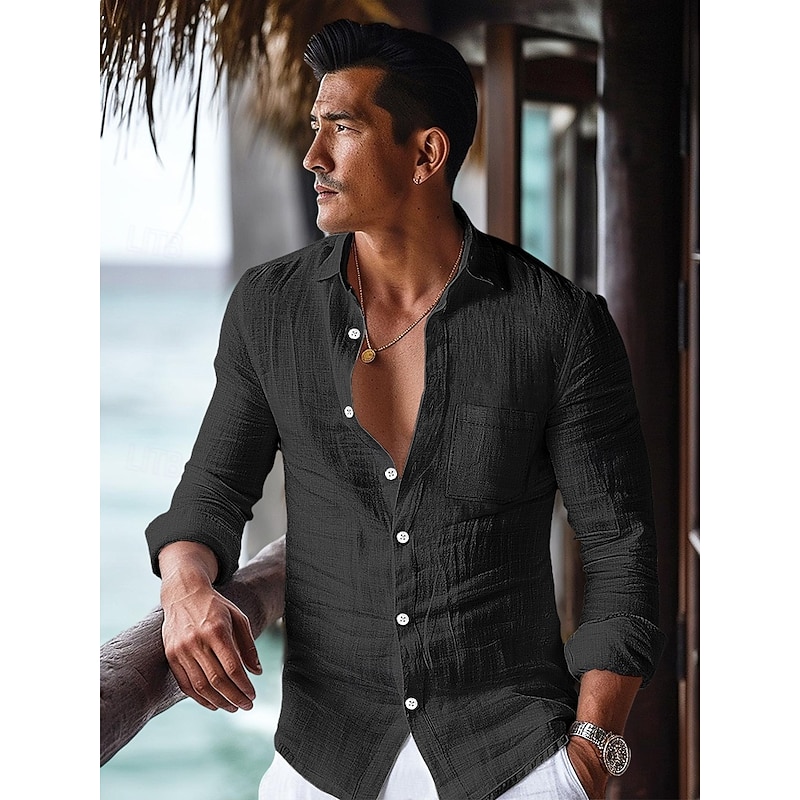 45% Linen Pocket Men's Shirt Linen Shirt Summer Shirt Button Up Shirt Blue Black White Long Sleeve Plain Lapel Spring & Fall Daily Outdoor Clothing A