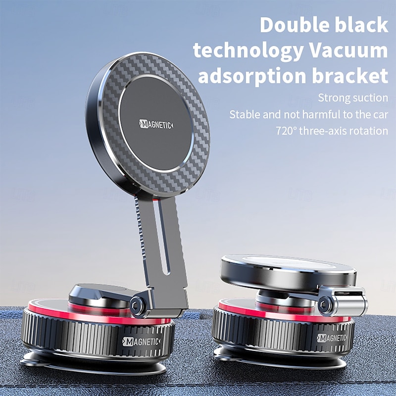 Magnetic Car Phone Mount with Vacuum Suction Base, 720° Rotatable Foldable Dashboard Phone Holder, Carbon Fiber Magnetic Stand for iPhone 17 16 15 14