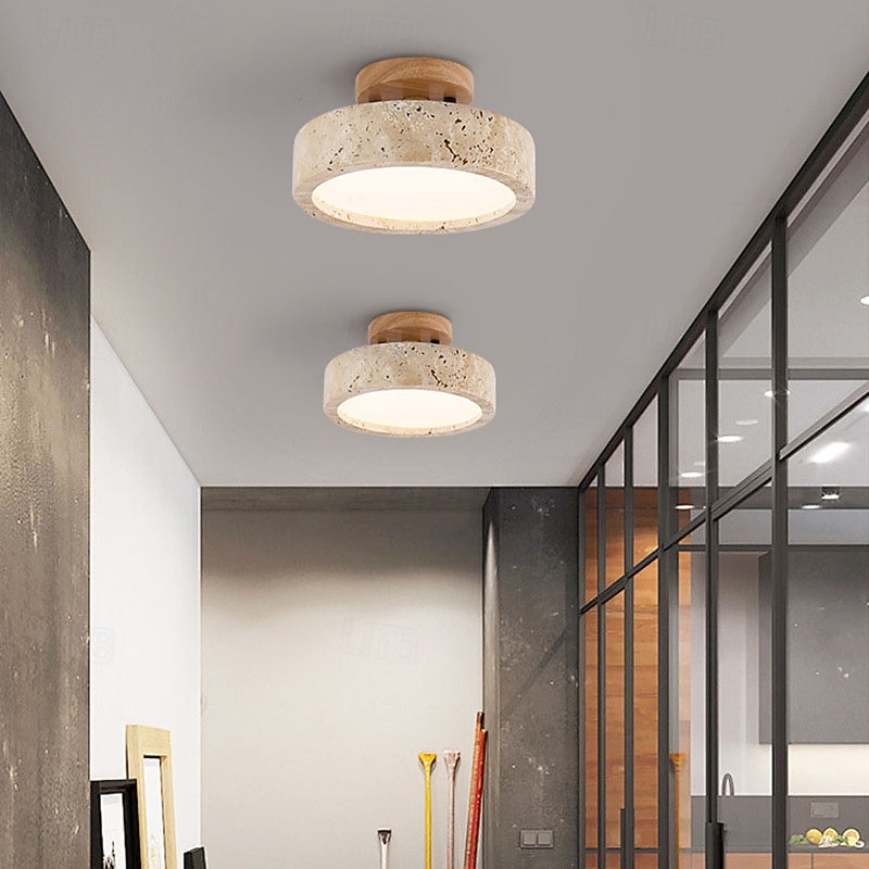 Fixture Japanese Wabi-sabi 1 Light E26 Natural Yellow Travertine Ceiling Light Nordic Cream Style Solid Wood Base Ceiling Lamps B&B Entry Hallway Aisl