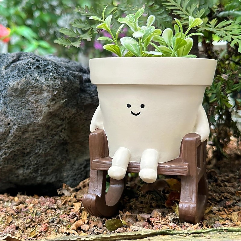 Smiling Face Rocking Chair Creative Flower Pot, Cute Succulent Planter for Balcony, Indoor, Garden, or Courtyard Decor, Durable Plant Holder, Fun and