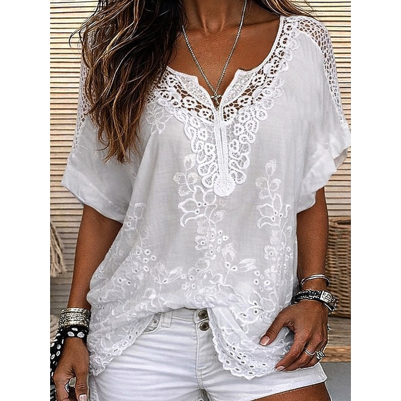 Blouse Lace Solid Color Stylish Casual Short Sleeve V Neck